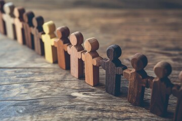 Affirmative action encompasses initiatives such as diversity and inclusion, equal opportunity, and quota systems for minority groups, represented by a wooden model of people holding hands.