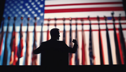 Silhouette of the American senator giving a press conference at the podium, with white spotlights
 - obrazy, fototapety, plakaty