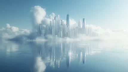 Crédence de cuisine en verre imprimé Bleu clair landscape on the white city in the clouds