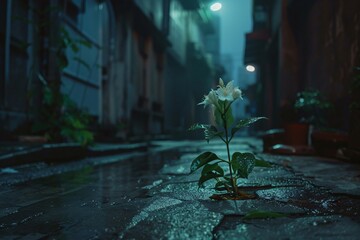 night in the city or flower in dark alley or hope.AI generated.