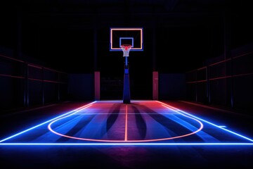 basketball court with neon light. - obrazy, fototapety, plakaty