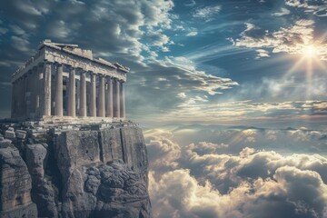 Obraz premium Mythical depiction of a Greek statue and temple on a cliff under a dramatic sky.