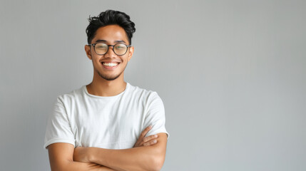 cheerful young man smiling at the camera with his arms crossed. - obrazy, fototapety, plakaty