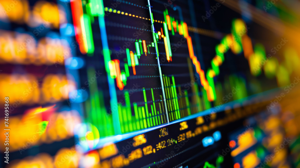 Poster digital financial graph with fluctuating stock market data and trading indicators