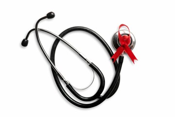 Red Ribbon Stethoscope With White Background Hiv Aids Ribbon Awareness - obrazy, fototapety, plakaty