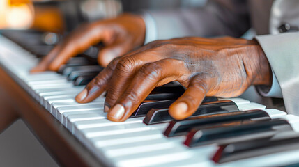 Close-up on hands of a man playing piano - 741696006