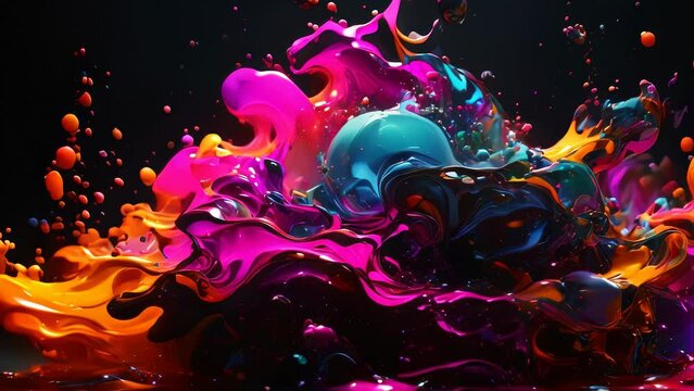 Background animation video of dynamic and vibrant splash of multicolored liquids, creating an abstract and visually striking scene.