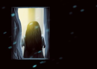 Scary Ghost Woman Standing Window Halloween Concept 2