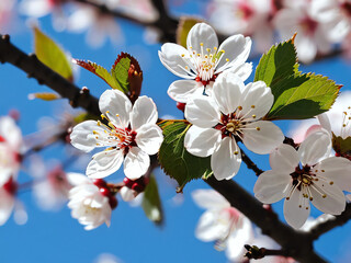 White flowers of a cherry blossom on a cherry tree close up