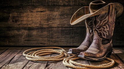 costume for a cowboy on a wooden table with a wooden background - obrazy, fototapety, plakaty