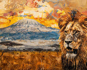Close-up lion portrait on savanna and mount kilimanjaro at sunset