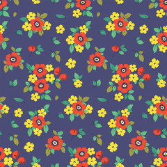 Fototapeta na wymiar Seamless floral pattern, abstract ditsy print in motley retro style. Colorful botanical design: hand drawn small flowers, daisies, tiny leaves, simple bouquets on a blue field. Vector illustration
