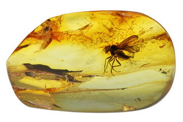 Baltic amber with snipe fly (Rhagionidae Bolbomyia) isolated on white background