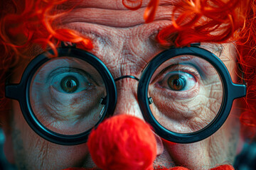 A red wig, a pair of fake black glasses with eyebrows, a nose and a mustache, april fools cpncept. - obrazy, fototapety, plakaty