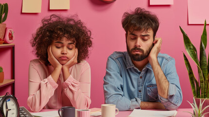 man and a woman seated at a desk, both looking bored or tired, against a pink background. - obrazy, fototapety, plakaty