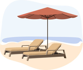 Beach umbrella and Sun loungers. Sunbeds with parasol at sand beach. Summer tropical resort with private chaise-longues at seacoast. Empty sun beds at seaside. Flat vector colorful illustration.