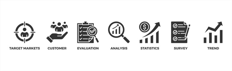 Market research banner web icon vector illustration concept with icon of target markets, customer, evaluation, analysis, statistics, survey and trend - obrazy, fototapety, plakaty