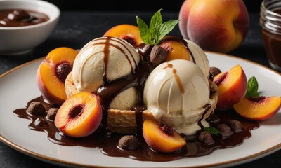 Sensational Sweetness: Chocolate-Infused Vanilla & peaches Dream with chocolate sauce