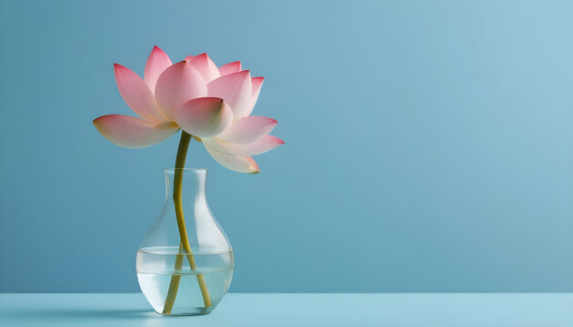 Pink lotus flower in vase with blue background. Generative AI