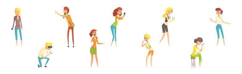 Man and Woman Professional Journalists Character with Notepad and Microphone Vector Set