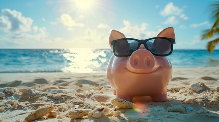 A pink piggy bank with glasses in the foreground, while in the background appears a blurred image of a tropical beach. Visual composition of dream trip and vacation financial aspirations.