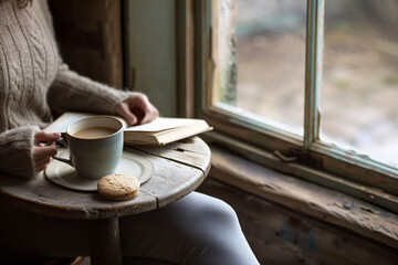 A tranquil scene of a person enjoying a book by a rustic window, with a steaming cup of coffee and a cookie..
