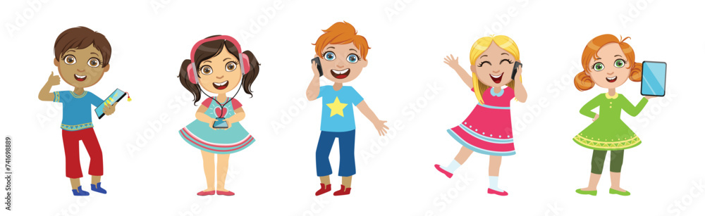 Poster happy children with mobile gadget use application vector set