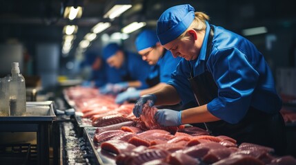 Butcher in blue uniform cutting fresh meat on conveyor belt in factory - Powered by Adobe