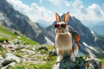 Cool bunny with sunglasses hiking in the mountains.