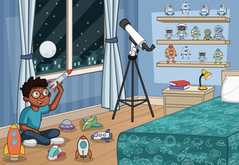 Cartoon boy playing with spaceships. Chld in bedroom with spaceships and astronaut toys.- 741699248