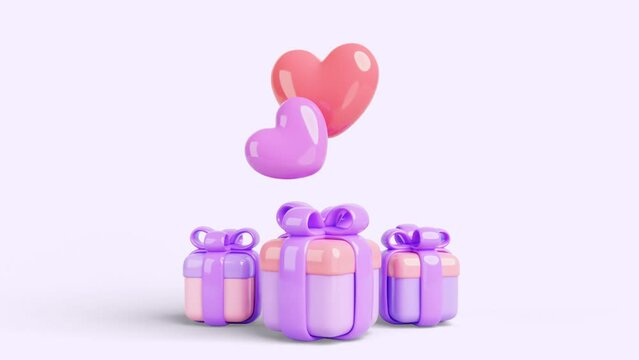 3d animation gift boxes with rotation red heart shape balloons on pink background render. Wedding, Valentine or Mother day sale promo banner. Holiday surprise, present packs with purple ribbon and bow