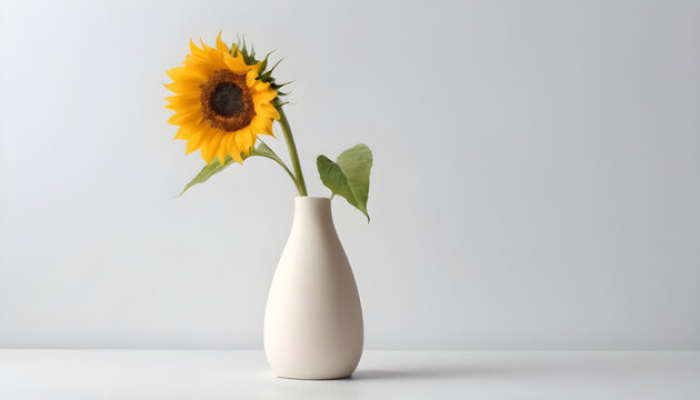 Sunflower in a vase on a white background with space for text. Generative AI