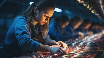 Young woman working in a seafood processing plant. She is sorting fish.