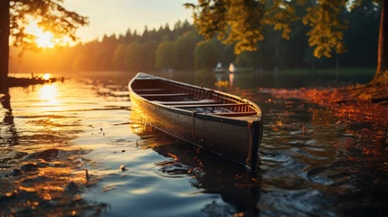 Deurstickers Wooden boat on the lake at sunset. Beautiful autumn landscape. © Ali