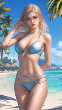 Sexy woman with big boobs in a bikini at the beach. Anime style.