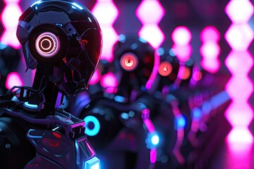 close up of a robot in front of a colorful background.
