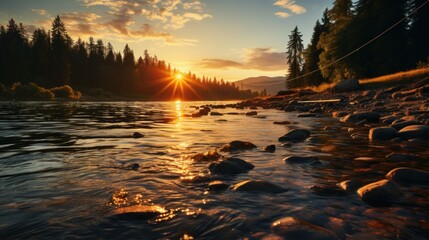 Sunset over the mountain river in the Altai Republic, Russia - obrazy, fototapety, plakaty