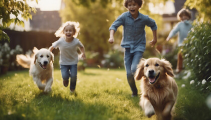 children are chasing the Happy golden retriever running in the garden of the house

