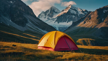 Beautiful early morning camping view. Dolomites sunrise landscape with an orange trekking tent