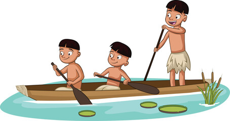 Group of three cartoon young native Indians on a canoe. Indians paddling a wooden canoe.
- 741700217