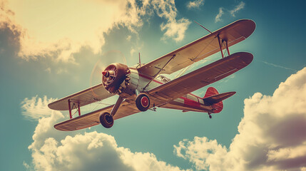 Vintage Biplane Soaring the Cloudy Skies - obrazy, fototapety, plakaty
