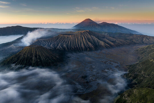 Aerial view of Tengger Caldera and Mt Bromo at sunrise, Bromo Tengger Semeru National Park, East Java, Indonesia