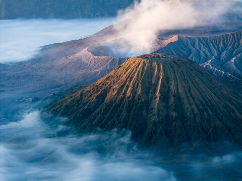 Aerial view of Tengger Caldera and Mt Bromo at sunrise, Bromo Tengger Semeru National Park, East Java, Indonesia