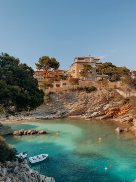 Boats moored in a coastal bay, Calvia, Majorca, Balearic Islands, Spain