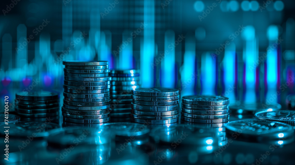 Poster stacks of coins with a backdrop of glowing blue digital graphs and circuitry, symbolizing the inters