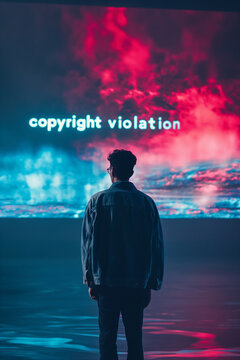 a cinematic wide shot of a lone man standing in front of a big screen. on the screen reads "COPYRIGHT VIOLATION"