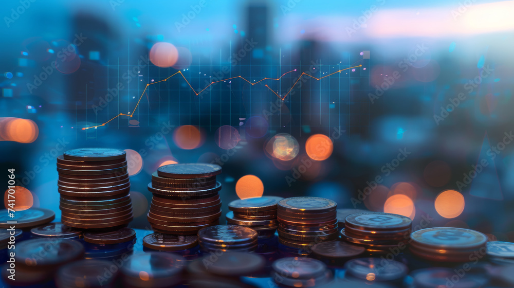 Poster stacks of coins with a backdrop of glowing blue digital graphs and circuitry, symbolizing the inters