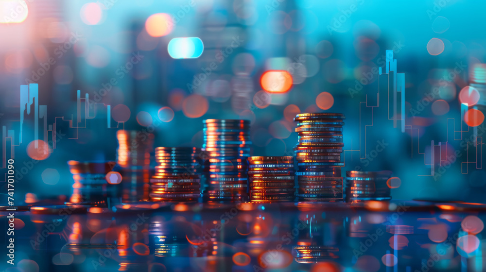Poster stacks of coins with a backdrop of glowing blue digital graphs and circuitry, symbolizing the inters