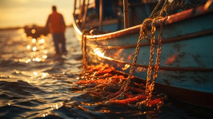 Fishing boats in the sea at sunset. Selective focus. - obrazy, fototapety, plakaty