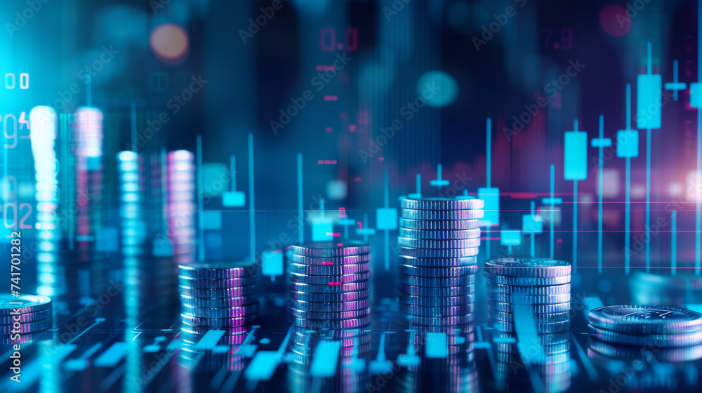 Poster stacks of coins with a backdrop of glowing blue digital graphs and circuitry, symbolizing the inters
